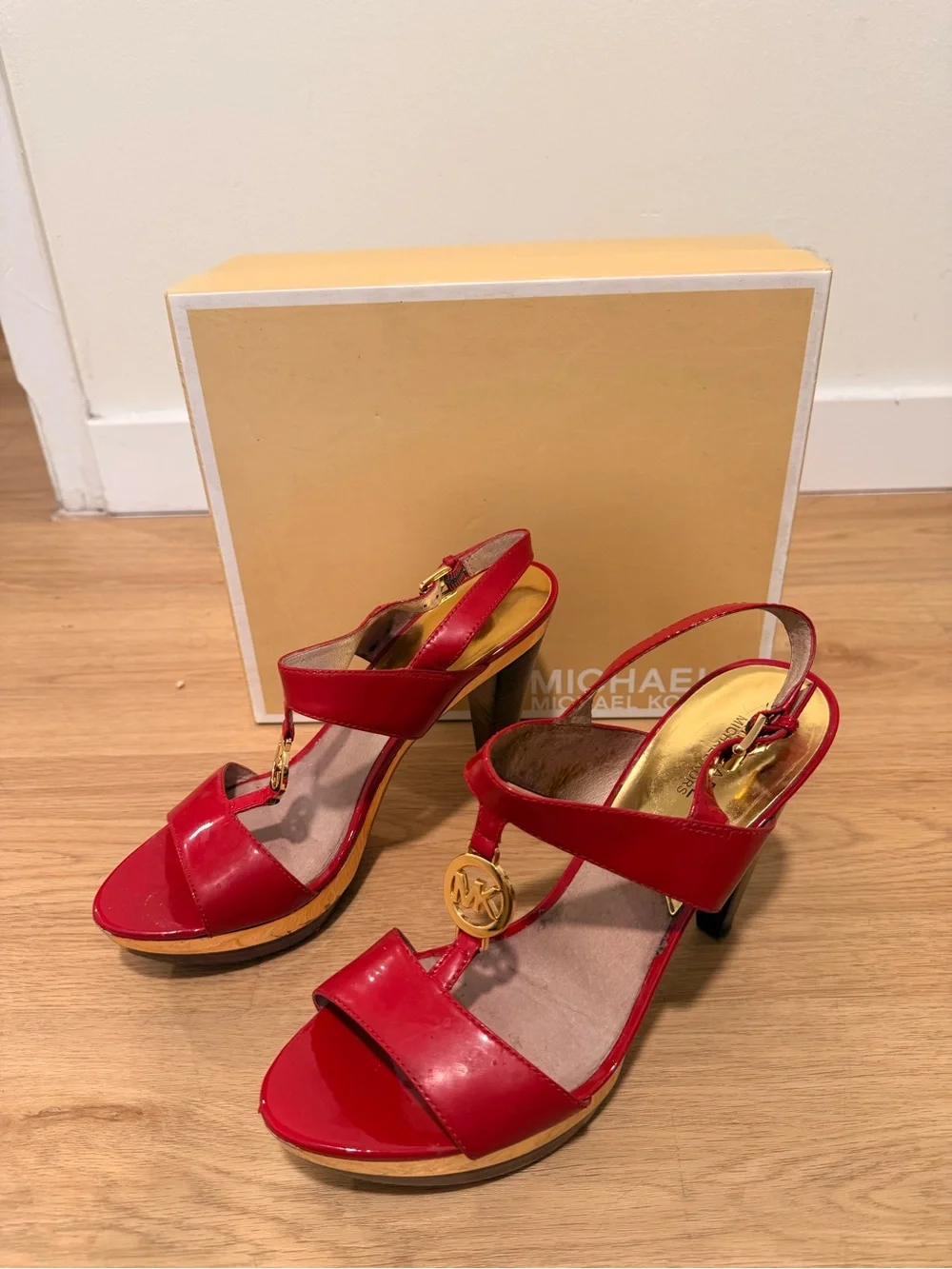 Michael Kors Red Patent Leather T-Strap Slingback Heels with Gold Logo
